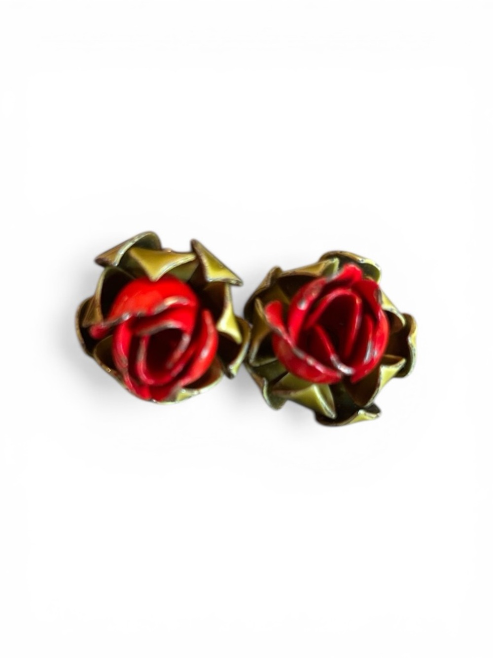 Vintage Metal Red Rose Flower Stud Clip On Earrings
